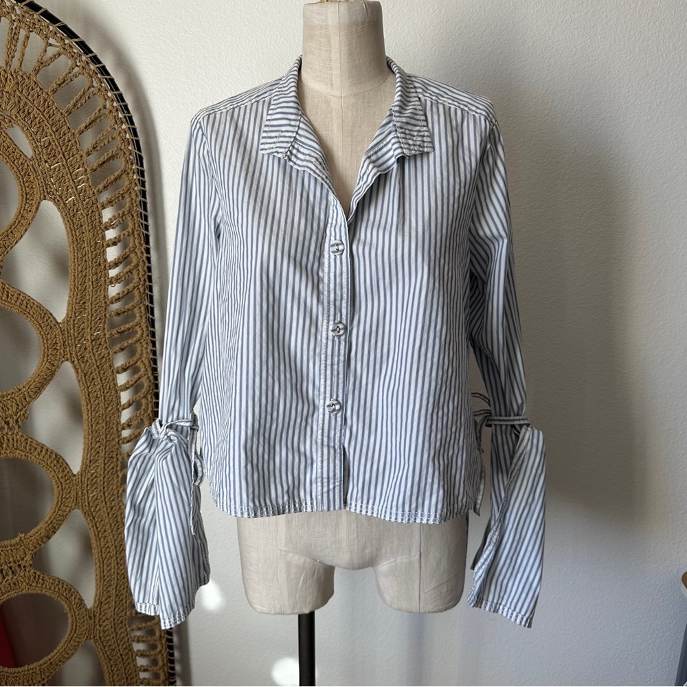 Derek Lam Blue Pinstripe Bell Sleeve Tie Knot Button Down Top